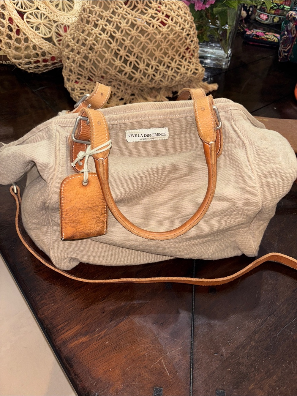 Vive La Difference Sand Canvas Satchel with Tan Leather Trim